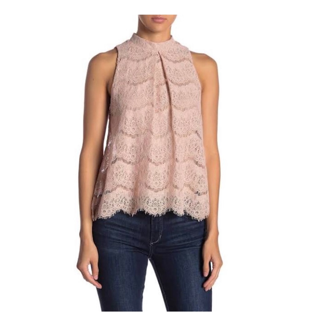 Love, Fire Mock Neck Lace Tank  Rose Dust W/Nude